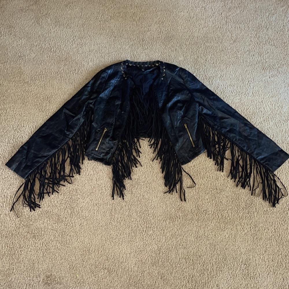 Vegan leather cropped fringe jacket size large